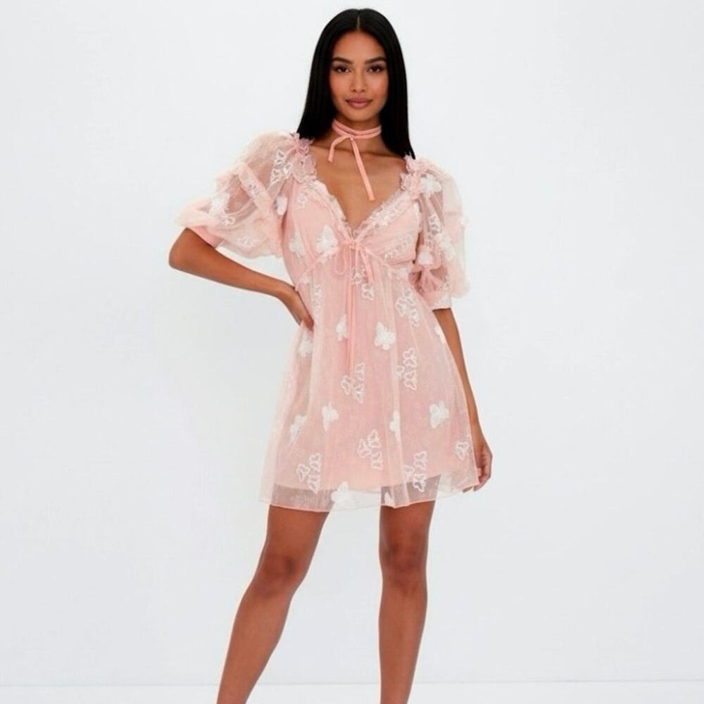 For Love & Lemons Shari Medium Peach Mini Dress Butterfly Sequin Lace NWT - Picture 3 of 16